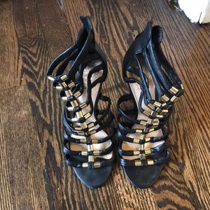 Vince Camuto black leather strappy heels